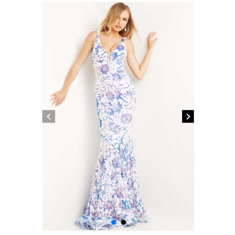 Jovani Fully Sequined Plunging V Neck Floral Bodycon Mermaid Formal Prom Dress